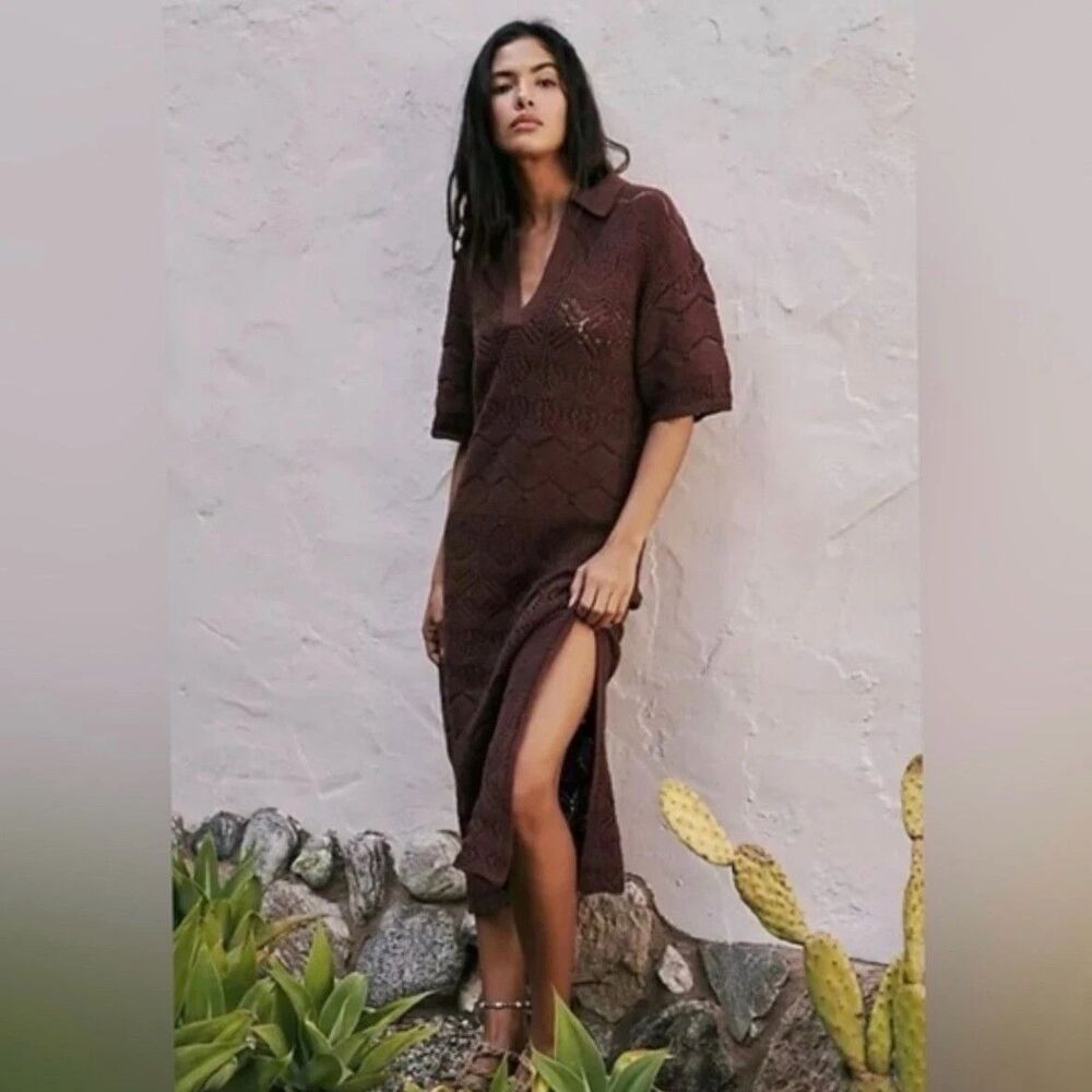FP Beach Dress Womens Medium Red Crochet Knit V Neck Maxi Sweater Cover Up